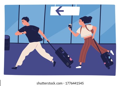 Scene Of Man And Woman Hurrying To Flight At Airport Terminal Vector Flat Illustration. Couple Running Carrying Baggage Or Luggage. Happy Rushing Tourists Going On Summer Vacation, Journey Or Trip