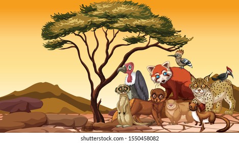 Scene with many african animals on dry land illustration