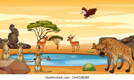 Scene with many animals by the pond illustration