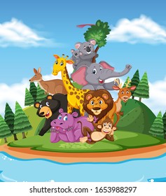 Scene with many animals by the river illustration