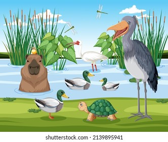 Scene with many animals by the river illustration