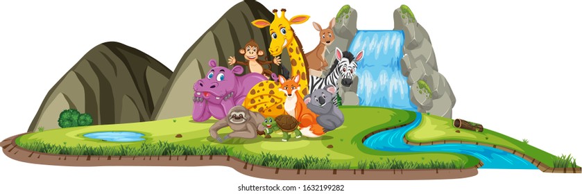 Scene with many animals by the waterfall at day time illustration