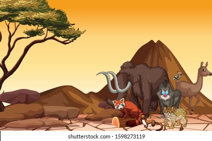 Scene with many animals in the desert illustration