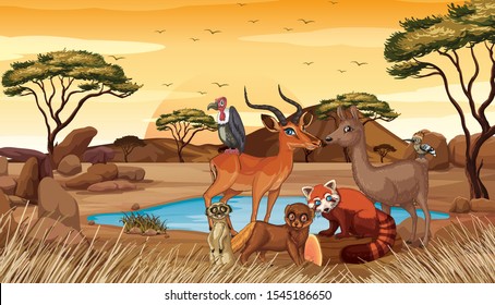 Scene with many animals in the field illustration