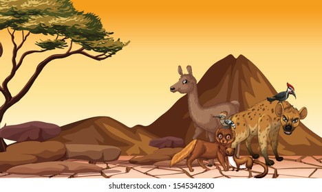 Scene with many animals in the field illustration