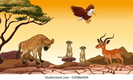 Scene with many animals in the field illustration
