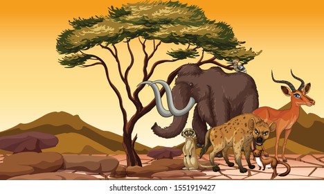 Scene with many animals in the field illustration