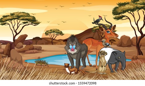 Scene with many animals in the field illustration