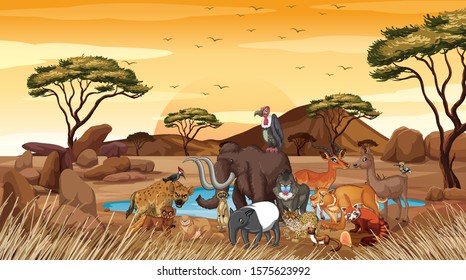 Scene with many animals in the field illustration
