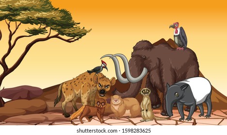 Scene with many animals in the field illustration