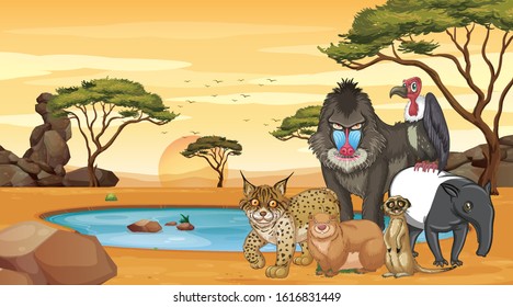 Scene with many animals in the field illustration