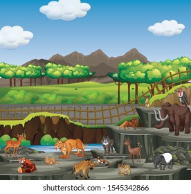 Scene with many animals in open zoo illustration