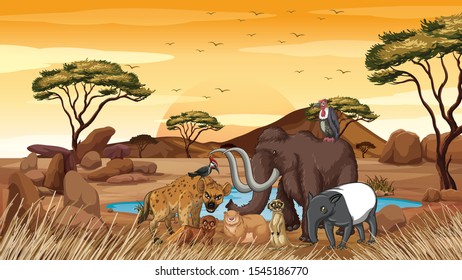 Scene with many animals in savanna illustration