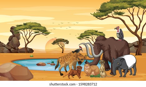 Scene with many animals at the savanna illustration