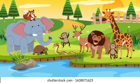 Scene with many animals standing by the river illustration