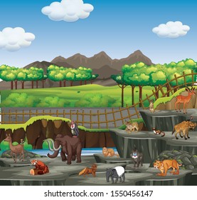 Scene with many animals at the zoo illustration