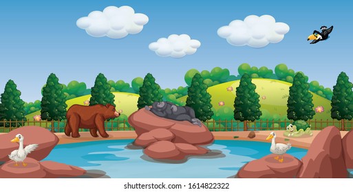 Scene with many animals in the zoo illustration