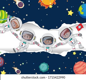 Scene with many astronauts in the space background illustration