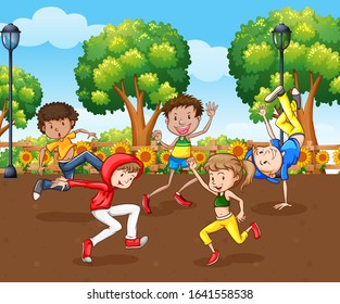 Scene with many children dancing in the park illustration