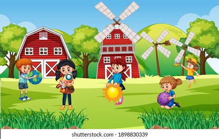Scene with many children in the farm  illustration