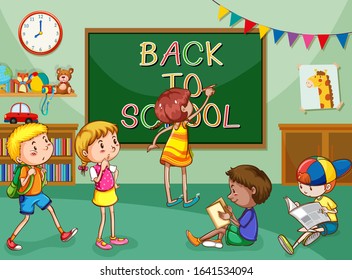 Scene with many children learning in the classroom illustration