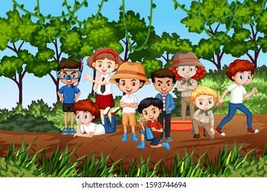 Scene with many children in the park illustration