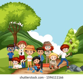 Scene with many children in the park illustration