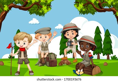 Scene with many children in the park illustration