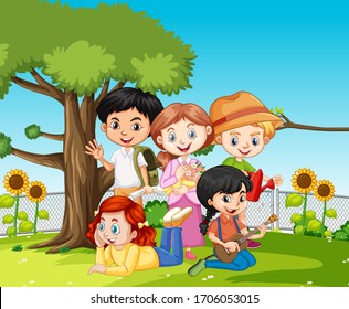 Scene with many children in the park illustration