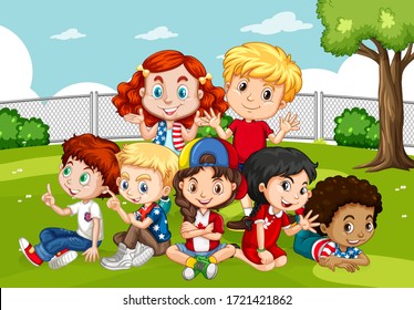 Scene with many children in the park illustration