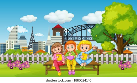 Scene with many children in the park illustration