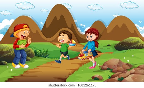 Scene with many children in the park illustration