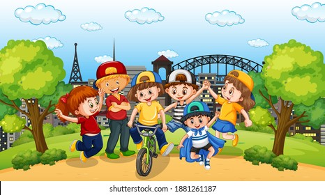 Scene with many children in the park illustration