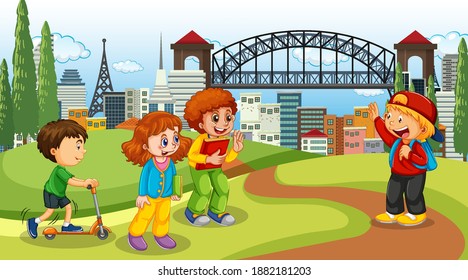 Scene with many children in the park illustration