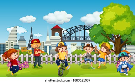 Scene with many children in the park illustration