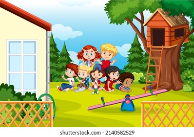 Scene with many children playing in backyard illustration