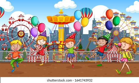 Escena con muchos niños jugando en la ilustración del parque circo