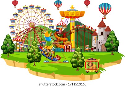 Scene with many children playing on the circus rides illustration