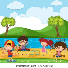 Scene with many children playing in the park illustration