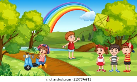 Scene with many children playing in the park illustration