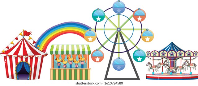 Scene with many circus rides and game on white background illustration