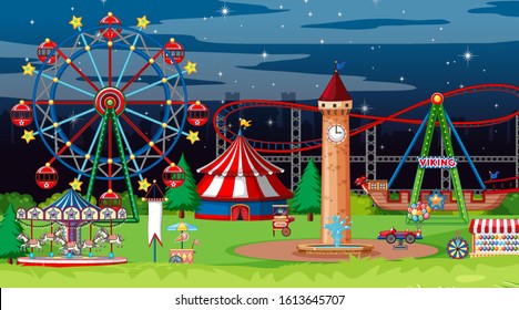 Scene with many circus rides in the park at night illustration