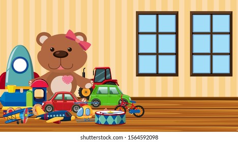 Scene with many cute toys on the floor illustration