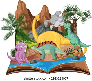 Scene with many dinosaurs by river illustration