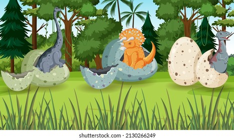 Scene with many dinosaurs in the field illustration