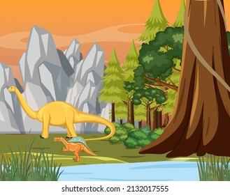 Scene with many dinosaurs in forest illustration