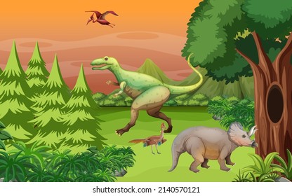Scene with many dinosaurs in forest illustration