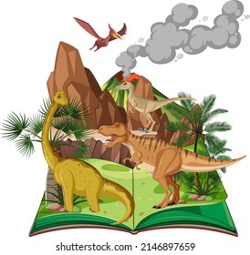 Scene with many dinosaurs in forest illustration