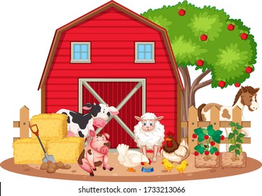 Scene with many farm animals on the farm illustration