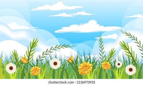 Scene with many flowers in garden illustration